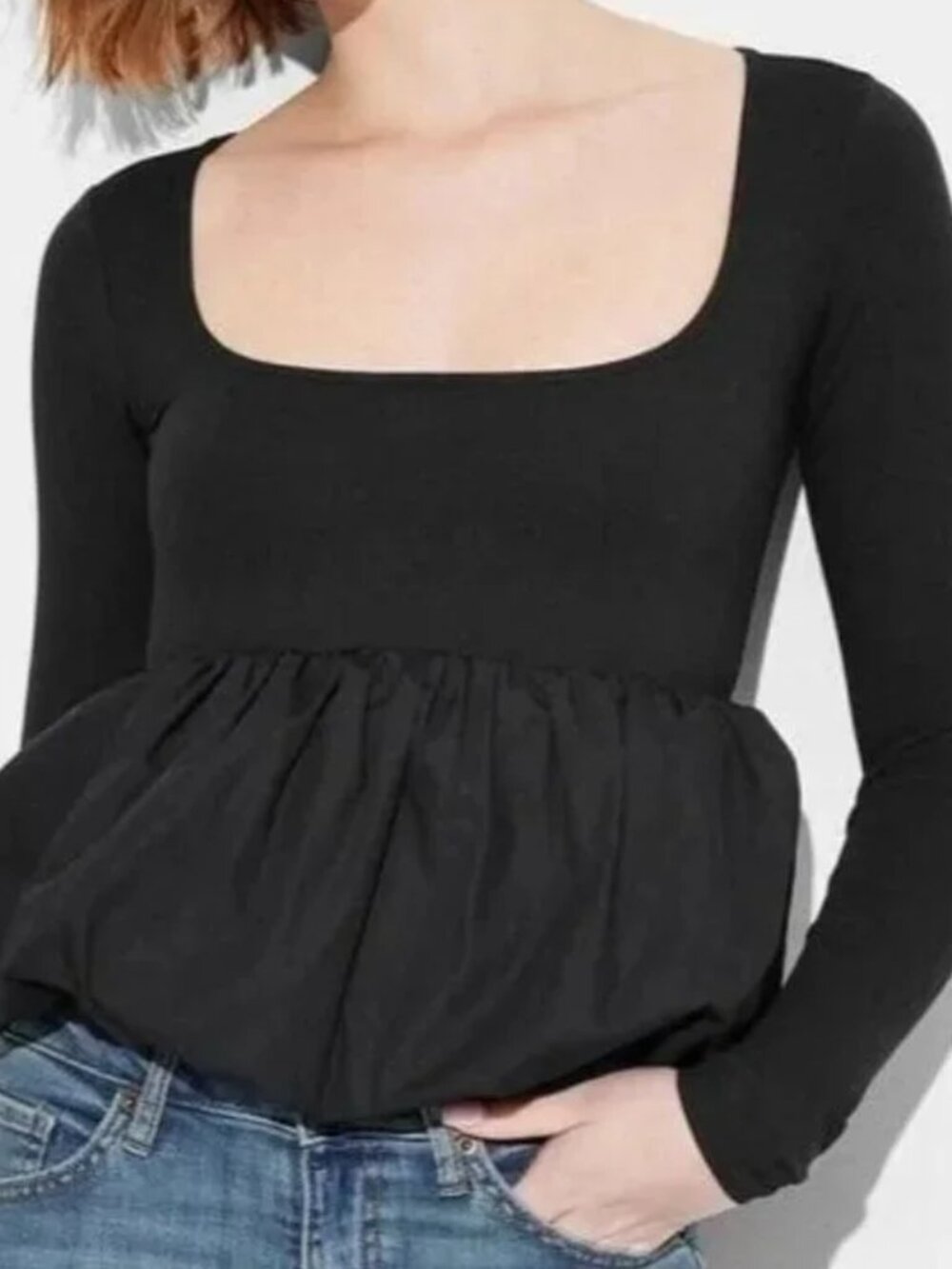 WILD FABLE Square Neck Bubble Peplum Babydoll Top Long Sleeves Womens Large